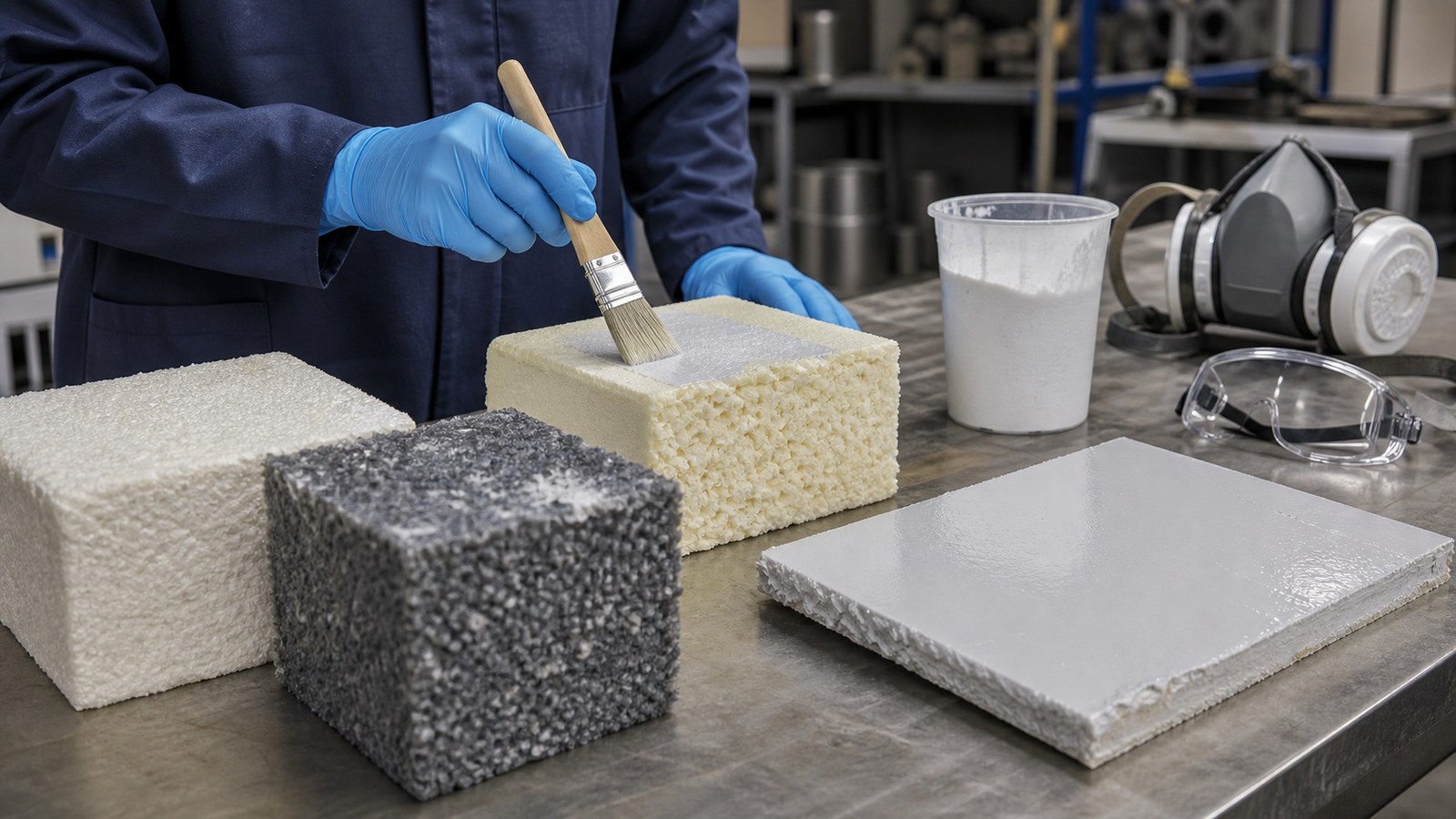 Foam samples and protective coating tools on a clean fabrication bench