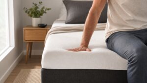 Foam mattress edge being tested in a softly lit bedroom