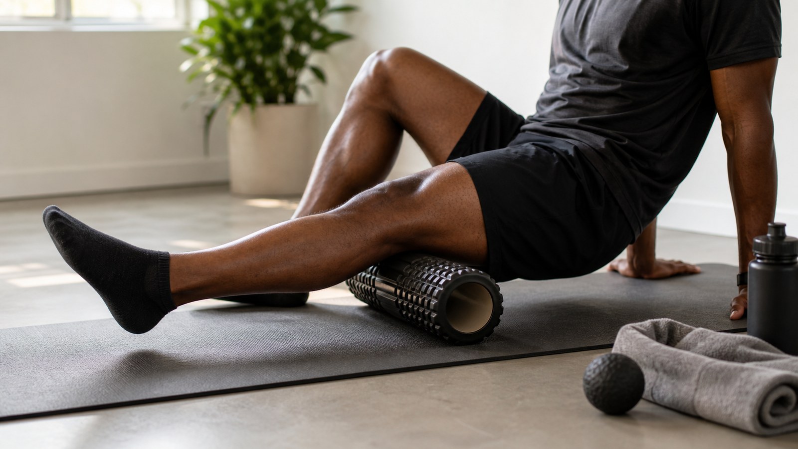 Foam roller on a fitness mat in a bright recovery studio