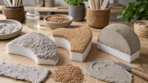 Foam core samples coated with cellulose cork and paper clay fillers
