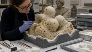 Museum conservation table with fragile foam sculpture supported in archival materials