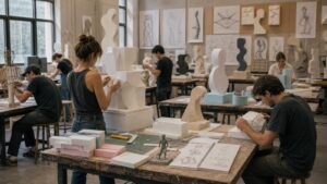 Sculpture classroom with foam blocks and maquettes used for teaching volume and scale
