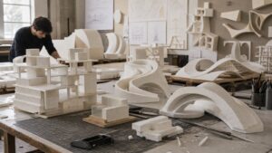 Experimental architecture studio with foam models and sculptural forms