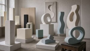 Modernist studio gallery with minimal and abstract foam sculpture forms