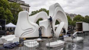Temporary foam sculpture installation in an outdoor public setting