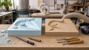 Foam block and carvable wood fiber panel compared on a fabrication bench