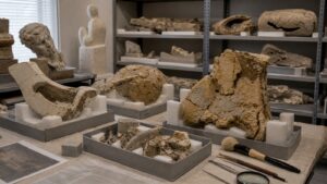 Damaged foam sculpture fragments arranged for archival study