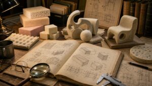 Foam material prototypes and archive papers in an invention research scene