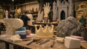 Backstage prop shop with lightweight foam stage props