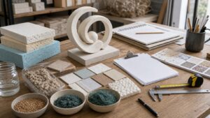 Sustainable sculpture bid materials arranged on a studio planning table