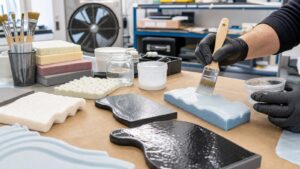 Foam samples being coated with water-reducible primer and clearcoat on a workshop bench