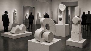 Museum gallery with early foam sculpture forms on plinths