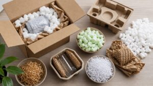 Packing materials including foam peanuts and paper alternatives on a shipping table