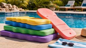 Colorful foam pool floats stacked on a sunny pool deck